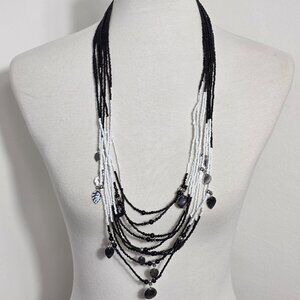 Chico's Multi-Strand Seed Bead Bib Necklace Black & White Beads Silver Charms